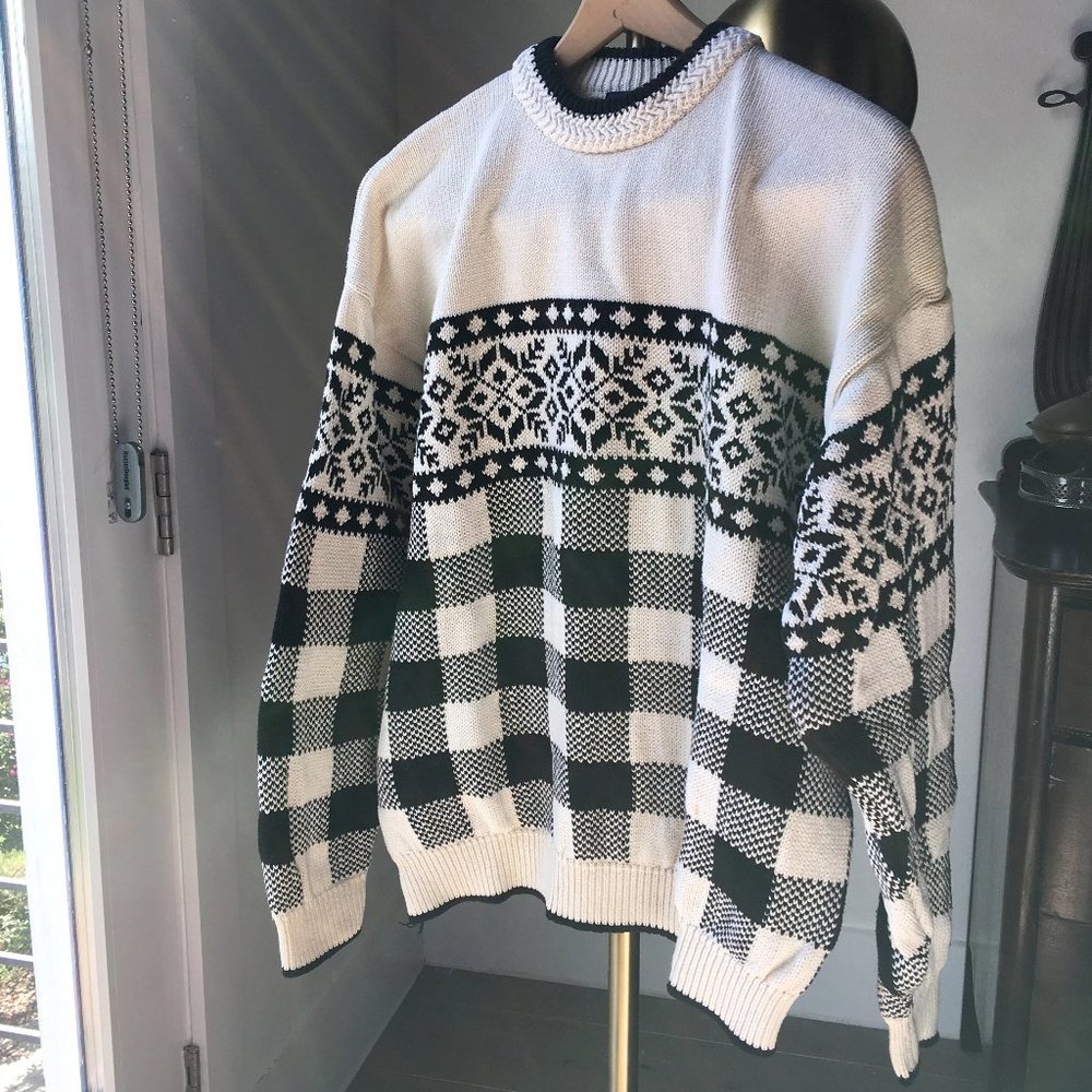 90s vtg gap cotton sweater - snowflake and gingham - black/ white - men's M